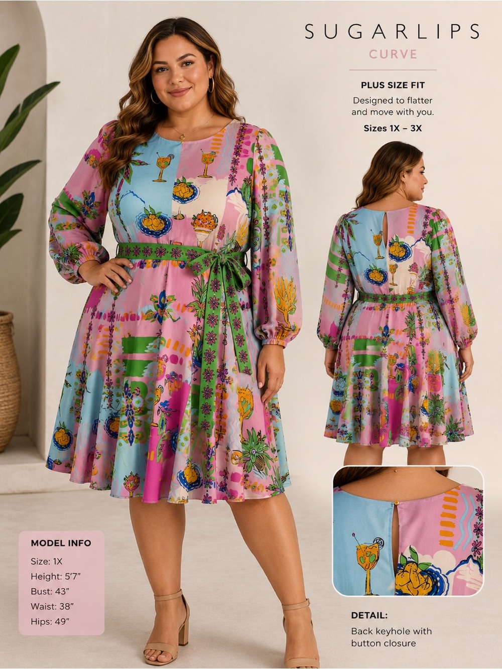 Sugarlips Curve Pink Green Satin Pleated Full Sleeve Belted Knee Length Dress 2X